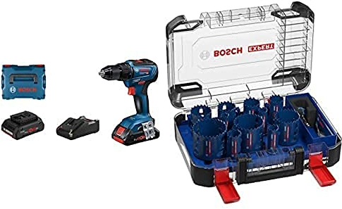 Bosch Professional Akkuschrauber GSR 18V-55 (2x 4,0 Ah ProCore Akku, in L-BOXX) + 14 tlg. Expert Tough Material Lochsäge Set (für Holz mit Metall, Ø 20-76 mm, Zubehör)