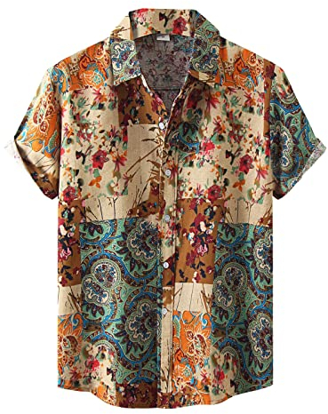 ODJOY-FAN Kleidungsstück Für Herren Basic Hemden Kurzarm Klassisch Blumenhemd Hawaiihemden Leinenhemden Sommerhemd Relaxed Fit Kurzärmliges Freizeithemden Strandhemdn