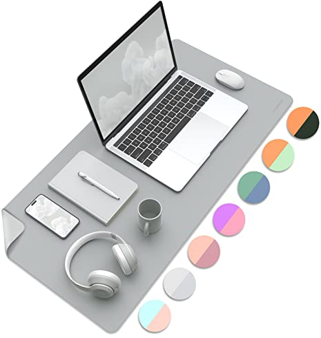 MoKo Schreibtischunterlage, 80 x 40cm PU Leder Laptop Tischunterlage, Wasserdichte Schreibtischmatte Rutschfeste Schreibtischauflage, Doppelseitig Office Mauspad für Büro/Zuhause, Hellgrau+Silber
