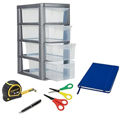Small 4 Tier Desktop Drawer Unit Silver Stationery Storage Filing Tower Unit Holds A5 Paper
