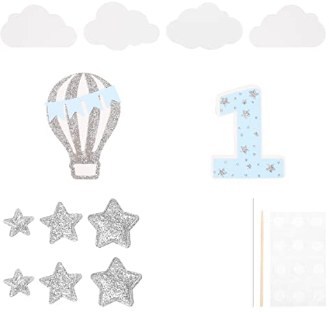 12Pcs Birthday Cake Toppers,1 Year Birthday Cake Toppers, Glitter Hot Air Balloon Star Cloud Cupcake Toppers(Silver Blue)