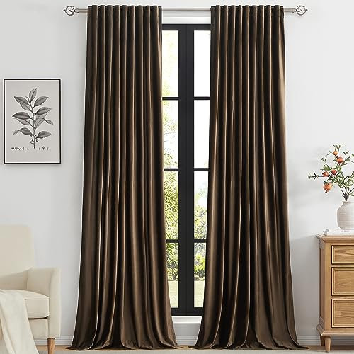 Primrose Primrose braune Samtvorhänge, 244 cm lang, für Wohnzimmer, 2 Paneele, Verdunkelungsstangen, Schlaufen, Fenster, Behandlungsraum, Verdunkelung, schwere dekorative Vorhänge für Schlafzimmer