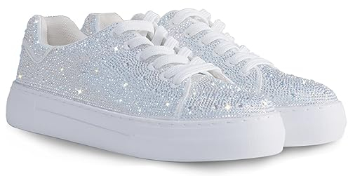 Suokdil Glitzernde Strass-Sneaker für Damen - Weißer Schuh mit Glitzer, Modisch Bedazzled Plateau, Tennisschuhe für Braut, Hochzeit und Party - Trendiger Schuh mit Pailletten