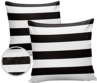 HilariousM Outdoor-Kissen, 45,7 x 45,7 cm, wasserdicht, für Außenbereich, schwarz-weiße Streifen, Polyester, Deko-Kissenbezüge, Gartenkissen, dekorativer Fall für Terrasse, Couch, Dekoration, 2er-Set,