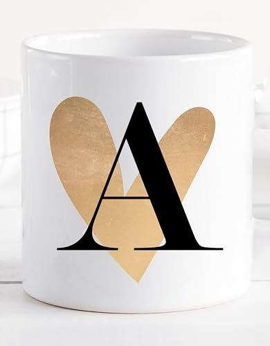 Tasse personalisiert mit Buchstaben Design von A-Z, Buchstabentasse mit Letter, Geschenk/Geschenkidee Kollegen/Freundin, Büro-tasse lustig mit Herz, Keramik-Tasse 300 ml -Neu (Herz Gold)