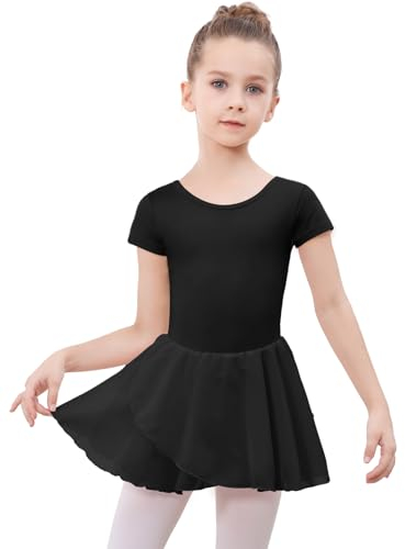 DGSHIRLDJO Kinder Ballettkleidung Mädchen Kurzarm Baumwolle Ballettkleid Balletttrikot Tanzkleid Tanzbody mit Chiffon Rock Tütü (DE/NL/SE/PL, Numerisch, 130, Regular, schwarz)