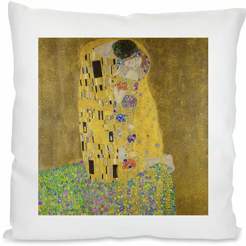 Kiwistar - Foto-Kissen weiß - Gustav Klimt Kuss - 40x40 cm - mit Kissenfüllung - 100% Polyester - personalisiert - Geschenkidee - Kopfkissen mit Foto