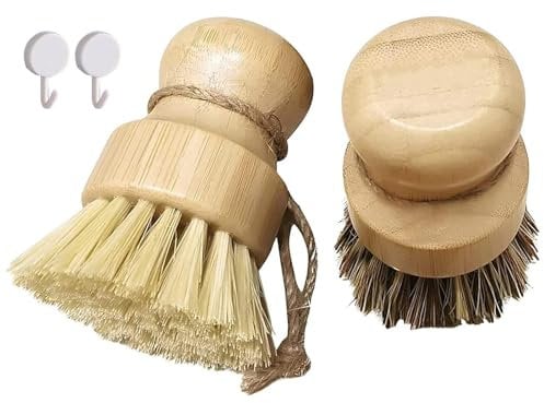 Scourer Kitchen Brush, Natural Plant Fiber, Sisal, Squish, Bamboo dish brush, Hangable, Wooden washing up brush, Pot Brush, Pot, Wok, Iron Frying Pan, Pot Washer, Kitchen Dishwashing Brush