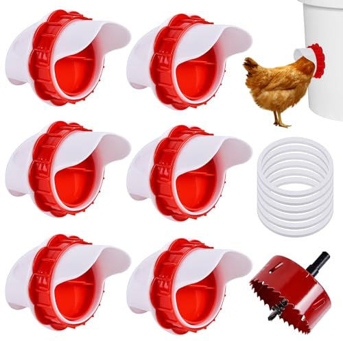 BYZESTY Mangeoire Poules 6 Ports, 6 Pièces Mangeoire Poules, DIY Mangeoire À Volaille Gravité Kit, Mangeoire Poule Automatique, Mangeoire Poules Anti Nuisible pour Seaux Tonneaux Bacs Auges