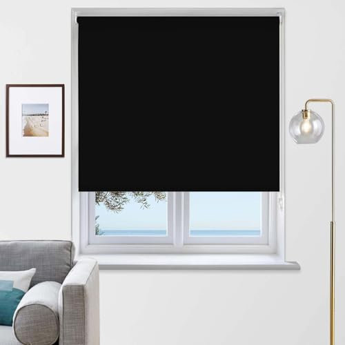 Rehan & CO Blackout Roller Blinds Thermal Insulated Fabric Easy fit Room Darkening window Shades/Blind Included Fittings Black (60cm width x 165cm drop)