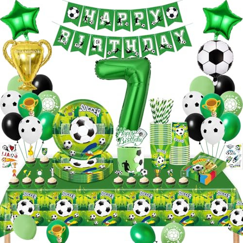 Set di stoviglie per feste di calcio, 7 anni, decorazione di compleanno, 7 anni, per bambini, palloncini da calcio, tovaglioli, tovaglioli, tovaglia per feste di compleanno dei bambini, decorazione