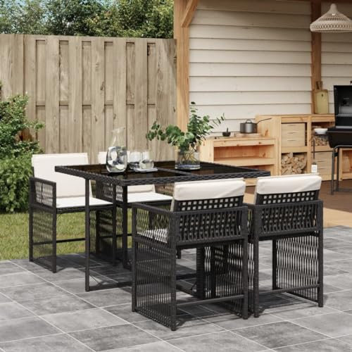 Keyroto Rattan Sitzgruppe für 4 Personen, Gartenmöbel Polyrattan, Gartentisch mit 4 Stühlen & Kissen, Gartengarnitur Sitzgarnitur, Essgruppe Outdoor Terrasse Schwarz Type-18