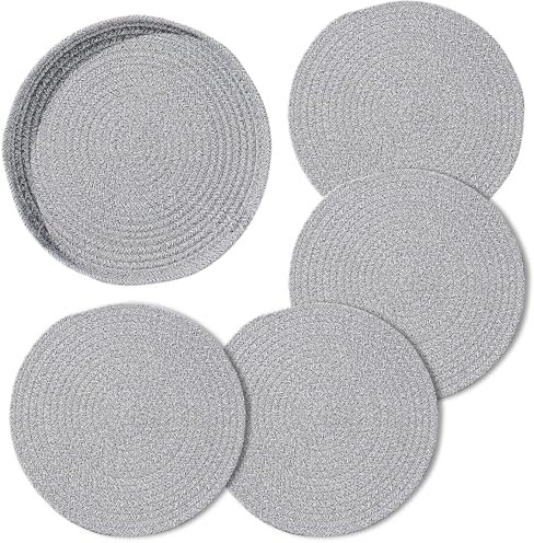 BestAlice 11.8 Inches Round Woven Placemats, Cotton Rope Woven Placemats, Round Table Mats, Hot Pads Hot Mats Set of 4, and 1 Storage Basket for Kitchen Table Decor (grey)