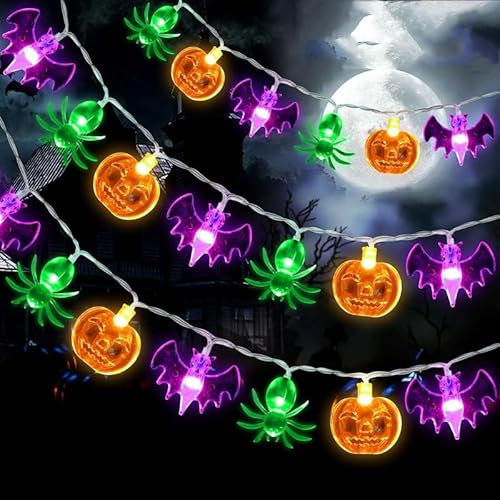 Halloween Lights 3m 20 Led Halloween Decorations Outdoor, 3d Pumpkin Bat Spider Lights String Battery Operated,2 Modes Halloween Decorations Light Home Yard Window Decor Indoor Outdoor