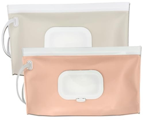 Yeomju Lot de 2 sacs à lingettes humides pour bébé, pour les déplacements, boîte pour lingettes humides, boîte portable (crème et rose)