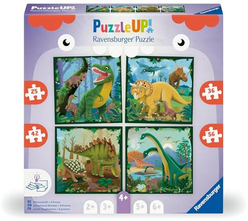 Ravensburger Puzzle UP 12004003 - Dinosaurier - 4 Puzzles mit 25, 36, 42, 56 Teilen zum Kombinieren und mit extra Wissensheft, für Dino-Puzzle ab 4 Jahren