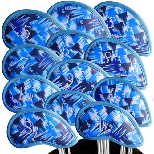 FINGER TEN Golf Club Iron Head Covers Pu Leather 12 Pack(Azure)