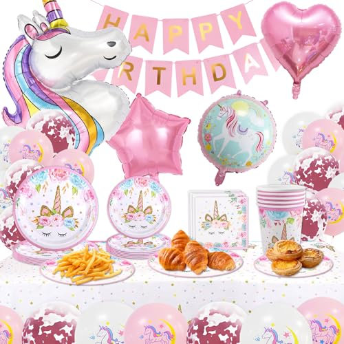 125 Stück Einhorn Geburtstag Partygeschirr Set, Pappteller Kindergeburtstag Deko Luftballons, Einhorn Geburtstagsdeko Ballon Party Geschirr Pappteller Tassen Servietten 24 Gäste