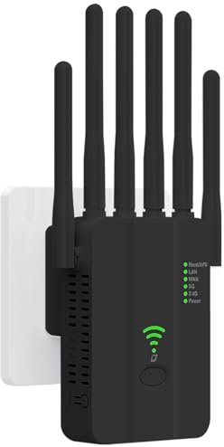 Repetidor WiFi,Amplificador señal WiFi,Repetidor WiFi Largo Alcance,6 Antenas,2 Puertos LAN,Cobertura Total de 360°,Cobertura de hasta 11800Sq.Ft,para Oficinas Y hogares,Easy Set up