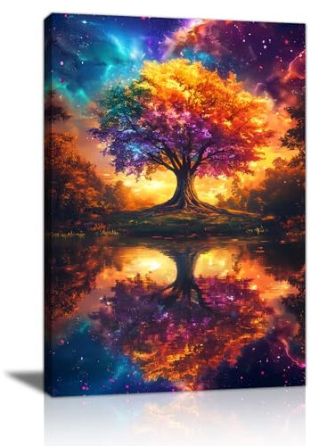 Colorée Arbre de vie Murale Moderne en Toile Encadrée, Abstrait Orange Arbres Rouges Poster Imprimé sur toile Tableau Décoration Murale pour Chambre à Coucher Salon Salle de Prêt à accrocher 40x60CM
