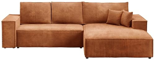BROMARKT Ecksofa mit Schlaffunktion L Form Sofa Eckcouch mit Bettkasten Wohnlandschaft Kordstoff Couch 294x185x85 cm Schlafsofa für Wohnzimmer Pablo Orange Rechts