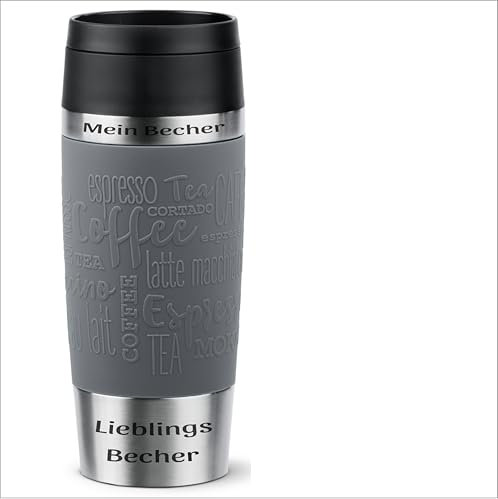 Emsa Dein Name auf dem Trinkbecher N20205 Travel Mug Classic 0,36 Liter, neuer Komfort-Schraubverschluss, Edelstahl, 100% dicht, 360°-Trinköffnung, Pfeffergrau