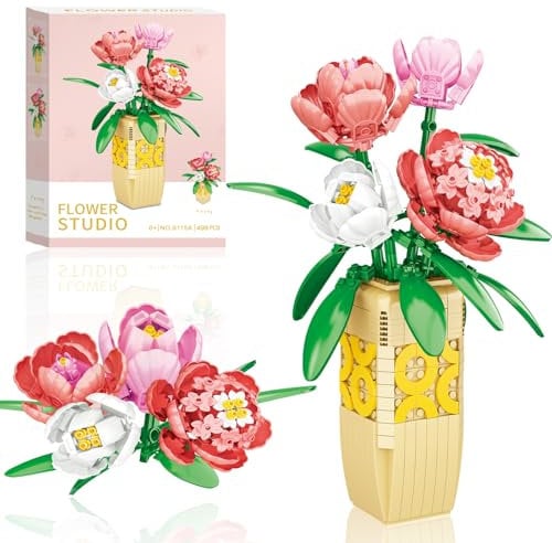 Flower Bouquet Building Set with Vase, Peony Flowers, Artificial Flowers Building Blocks for Adults, Home Office Creative Decoration, Birthday, Valentine, Christmas Ideal Gift for Kids, Adults