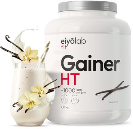 GAINER HT | Proteine Whey + Isolate + Maltodextrine | Gainer Prise de Masse Musculation | 5 Sources de Protéines + 2 Sources de Glucides + MCT | Boisson Shaker Goût Vanille | 2,27kg | Eiyolab