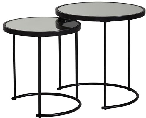Design Beistelltisch Rund Ø 50/42 cm - 2 teilig Schwarz mit Spiegel Glas | Wohnzimmertisch 2er Set | Satztisch verspiegelt | Couchtisch