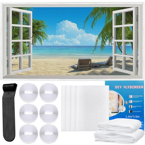6 Pièces Moustiquaire Fenetre, 150x130cm Moustiquaire Fenêtre Écran Avec 6 Rouleaux De Bandes Autocollantes, Moustiquaire Filet, Filet Écran Insecte, Sans Perçage Anti Mouche Moustiques (White)