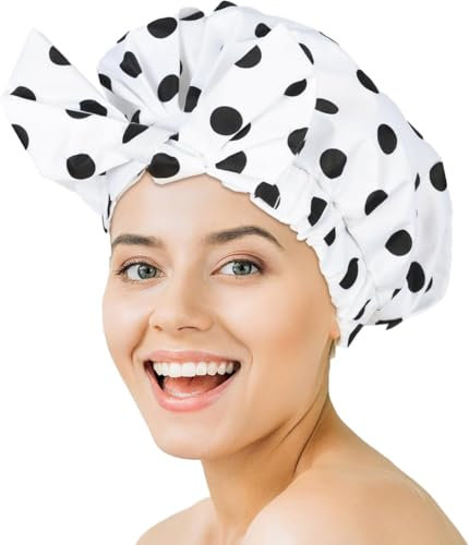 Flomiara Shower Cap for Women, Shower Hat, Waterproof Reusable Shower Caps, Waterproof Hair Shower Caps for Long, for Both Men Women, Silky Sleep Bathing Cap for Long Curly Hair, Black Stripes