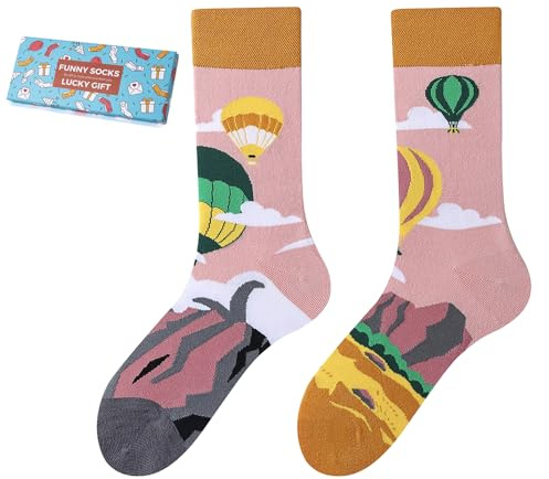 NxnChc Chaussettes Drôles Pour Femmes Et Hommes Unisexe Multi Motifs Montgolfière Animaux Nourriture Sport Art Coton Cadeau Design Asymétrique Gauche-Droite