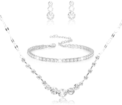 LjFrexia Glitter Brautschmuck Set, Silber Strass Hochzeit Schmucksets, Strass Kristall Halskette mit Ohrringen Armband, Prom Kostüm Zubehör, Hochzeitsschmuck Set für Braut, Brautjungfer und Damen