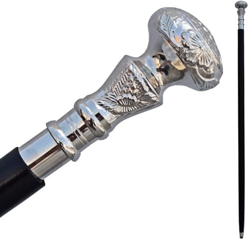 Vintage Walking Stick - Wooden Cane with Silver Brass Handle - Black Wood - Victorian Fancy Cane for Men and Women
