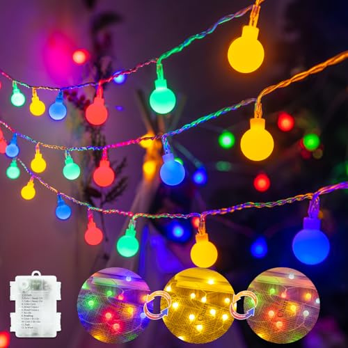 Isisyu Colour Changing Globe Fairy Lights, 3M/9.8ft 20 LED Warm White Multicoloured Globe String Lights Battery Powered with 12 Modes, Timer for Christmas, Wedding, Balcony, Garden, Camping
