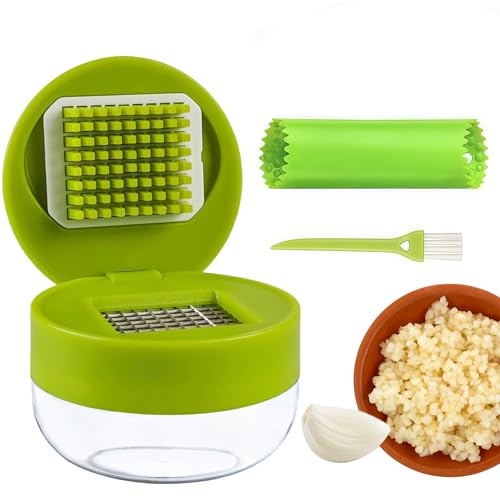 1x Knoblauchpresse Set 3-in-1, Edelstahl Garlic Press mit Silikon-Knoblauchschäler und Reinigungsbürste, Küchenhelfer für Zerkleinerten Knoblauch, Ingwer und Zwiebeln