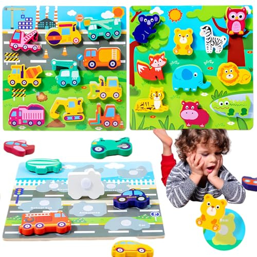 Muslecid Holzpuzzle für Kleinkinder ab 3 4 5 Jahren, Montessori Lernpuzzle Set mit 10 Teilen Puzzle, Abreißbares Klett-Bild-Zuordnungsspiel, tolles Geschenk für Mädchen und Jungen im Vorschulalter