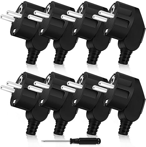 OMIGA Enchufe Macho 8 Piezas Enchufe de Seguridad de Goma Clavija | Enchufe Macho IP20 250V / 16A + 1 Piezas Destornillador Apto para Electrodomésticos de Interior y Exterior (Negro)
