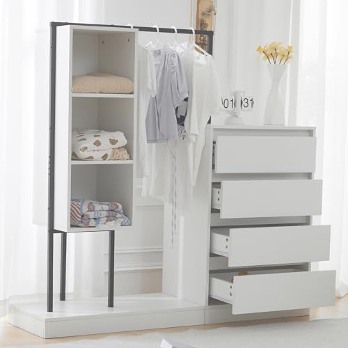 Ojjxh Garderobenset, Kommode, Flurgarderobe Set mit Kleiderstange, Garderoben Set Kleiderschrank mit 4 Schubladenn, Kompaktgarderobe, Moderne Flurschrank Wandgarderobe mit Regal, 140x40x135cm (Weiß)