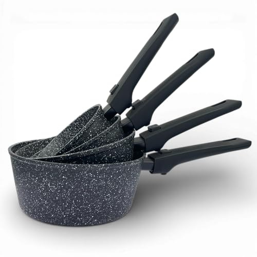 Royal Swiss® 5-teiliges Töpfe-Set mit abnehmbarem Griff | Kochtöpfe 14/16/18/20 cm + Universal-Glasdeckel | Induktionsgeeignet, Platzsparendes Kochset für alle Herdarten (Schwarz, 8 Stück abnehmbar)