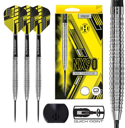 Harrows NX90 Dartpfeil-Set mit konischer Spitze aus 90 % Wolframstahl, mit Quick Point Change System Set (23 g) – inklusive schwarzen Supergrip-Midi-Schäften und Micron NX90 Flights I erhältlich in 21