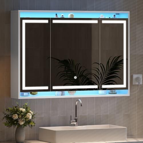 Hzuaneri Spiegelschrank mit LED-Beleuchtung, mit RGB Ambientebeleuchtung | Badezimmer Spiegelschrank, Steckdose, 3 Farbtemperatur Dimmbare, Verstell. Regalen, 16 x 100 x 70 cm, Weiß 5410003XEU