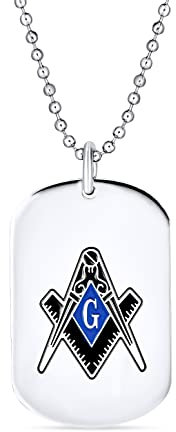 Bling Jewelry Schwarz Blau Freimaurer Zirkel Masonic Hundemarke Anhänger Halskette Für Männer Silberfarbener Edelstahl Mit Perlenkette
