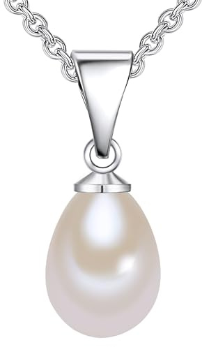 Valero Pearls Damen Kette 925/- Sterling Silber | rhodiniert, Ankerkette, Süßwasser-Zuchtperle, ca. 8,0 - 9,0 mm, weiß, tropfenförmig, Karabinerverschluss