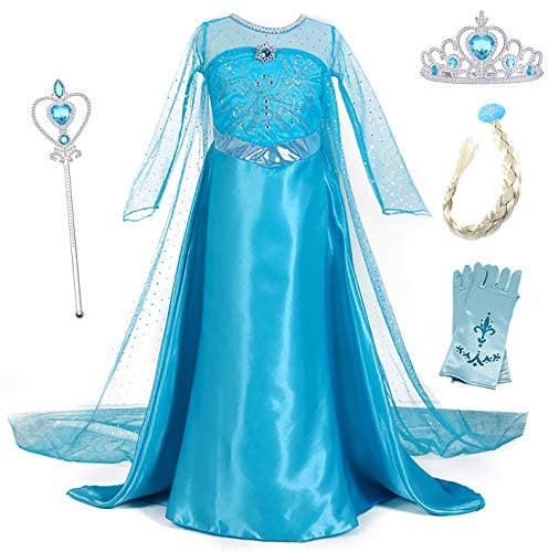 YOSICIL Mädchen Prinzessinkleid mit Zubehöre Elsa Kostüm für Kinder Girls Kleidung Spiegel Krone Zauberstab für Geburtstagsfeiern Geschenk Halloween Weihnachten Verkleidung Karneval, Blau A, 130