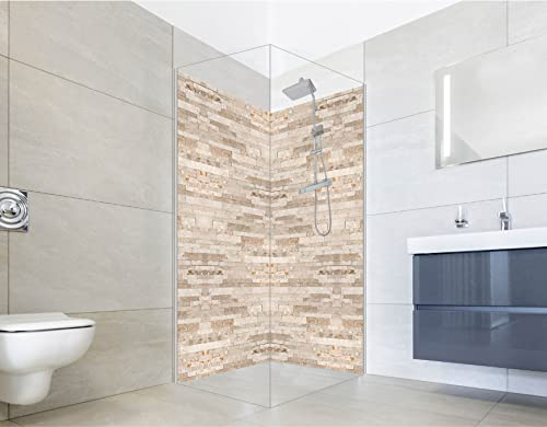 NORILIVING Duschrückwand Fliesenersatz Dusche 90x200 cm Motiv Steinwand hell | Duschwand ohne Bohren 2 teilig | Wandverkleidung Bad Aluverbundplatte 3 mm