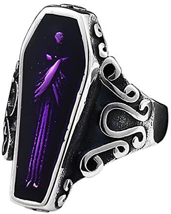 HIJONES Herren Gotisch Vampir Skelett Sarg Lila Stein Edelstein Ring aus Edelstahl Punk Rock Halloween Schmuck Silber Größe 68
