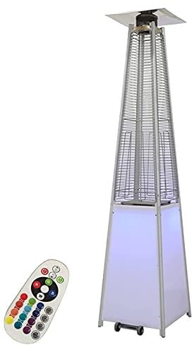 Outdoor Patio Propane Heater - 48,000 BTU Pyramid Patio Heater with Color Changing LED Lights with Glass Tube Flame, Wheels, Quick Pulse Ignition, Auto Shut Off for Patio, Balcony,Veranda