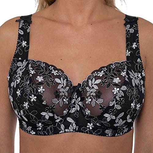 Ladies Black & Silver Embroidered Large Bosom Lace Underwired Firm Bra Plus Size Cup (42 G, Black & Silver)