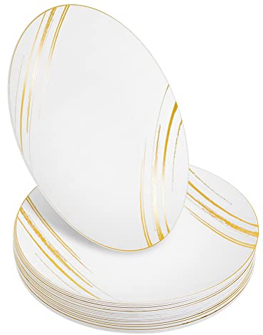 STACKABLES Hartplastik-Teller-Set mit 20 Tellern, 22,9 cm, weiß-goldenes Design, elegant und klassisch, wiederverwendbar, ideal für Partys und Veranstaltungen